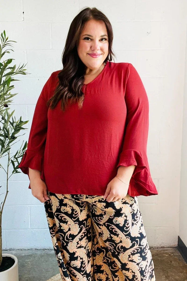 Falling In Love Rust Hi-Lo Ruffle Sleeve Woven Top - Coeur de la Mode