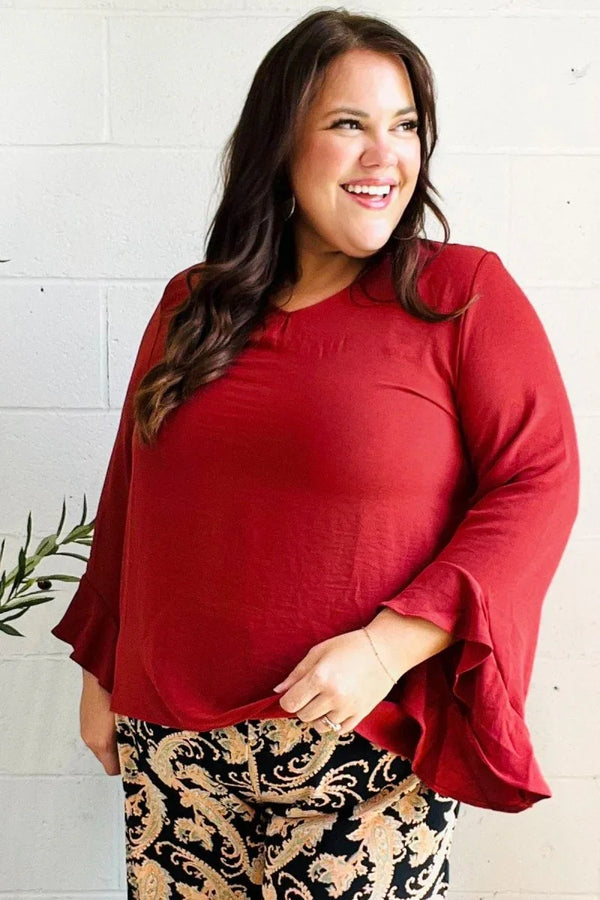 Falling In Love Rust Hi-Lo Ruffle Sleeve Woven Top - Coeur de la Mode