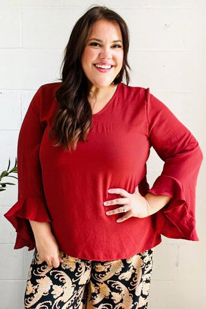 Falling In Love Rust Hi-Lo Ruffle Sleeve Woven Top - Coeur de la Mode