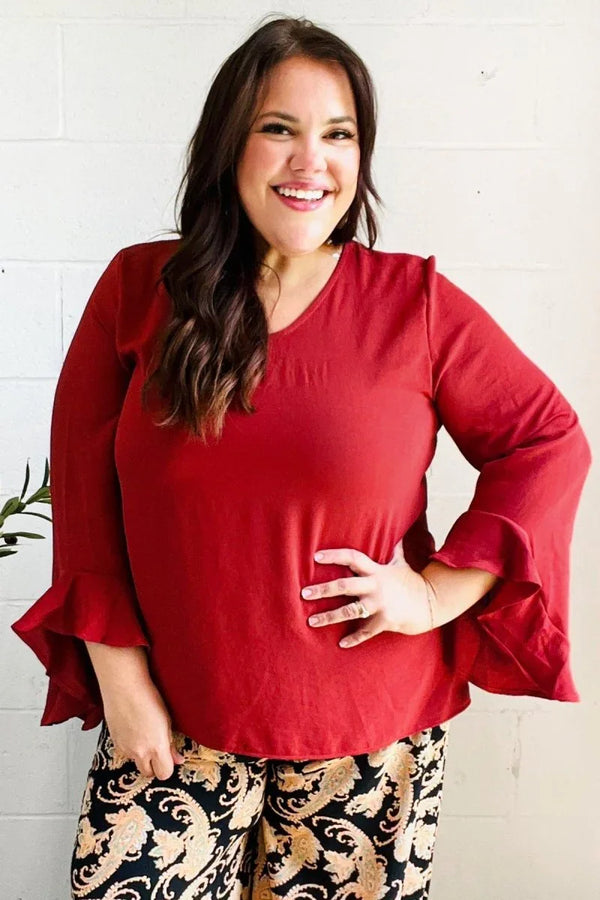 Falling In Love Rust Hi-Lo Ruffle Sleeve Woven Top - Coeur de la Mode