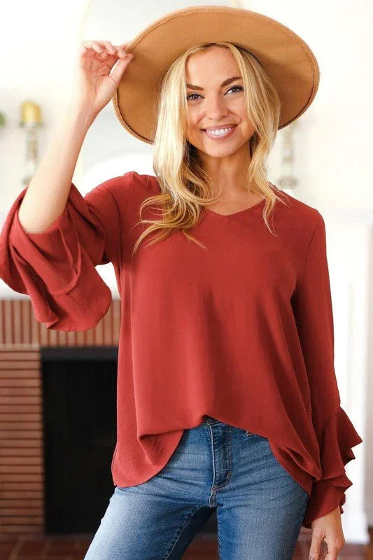 Falling In Love Rust Hi-Lo Ruffle Sleeve Woven Top - Coeur de la Mode