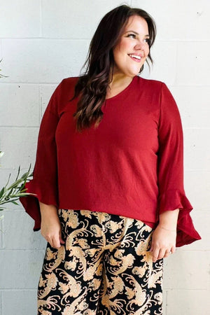 Falling In Love Rust Hi-Lo Ruffle Sleeve Woven Top - Coeur de la Mode