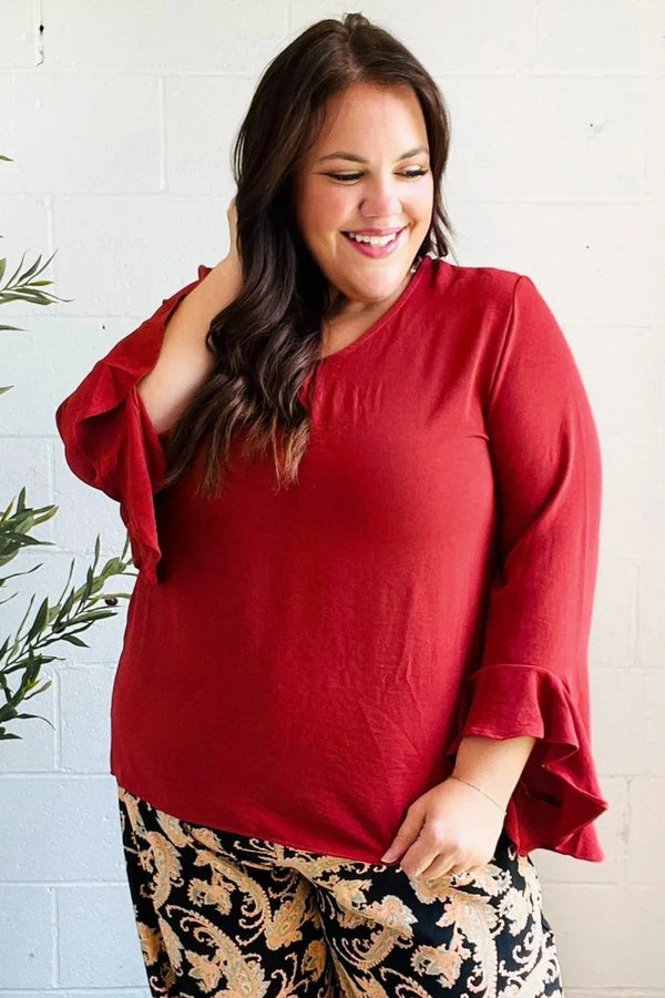 Falling In Love Rust Hi-Lo Ruffle Sleeve Woven Top - Coeur de la Mode