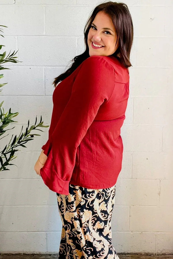 Falling In Love Rust Hi-Lo Ruffle Sleeve Woven Top - Coeur de la Mode