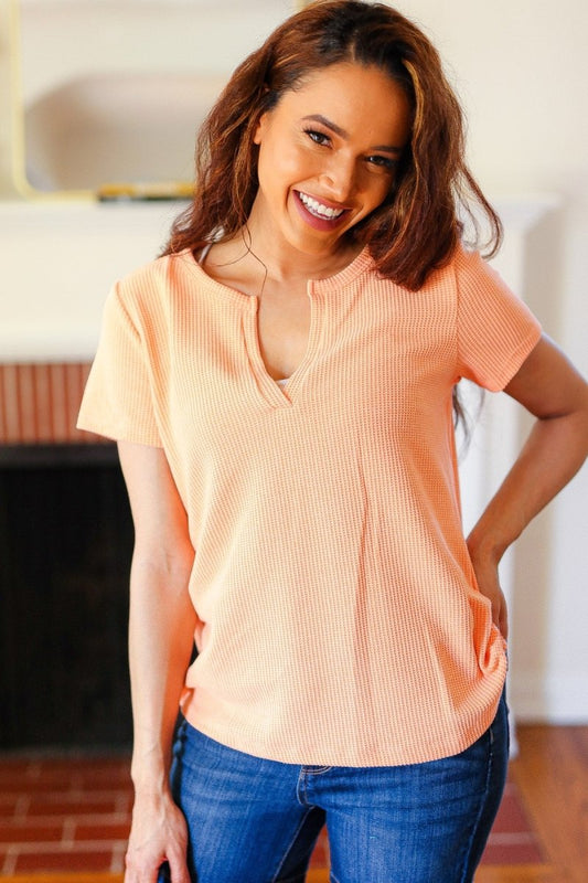 Feel Your Best Coral Baby Waffle Henley Neckline Top - Coeur de la Mode