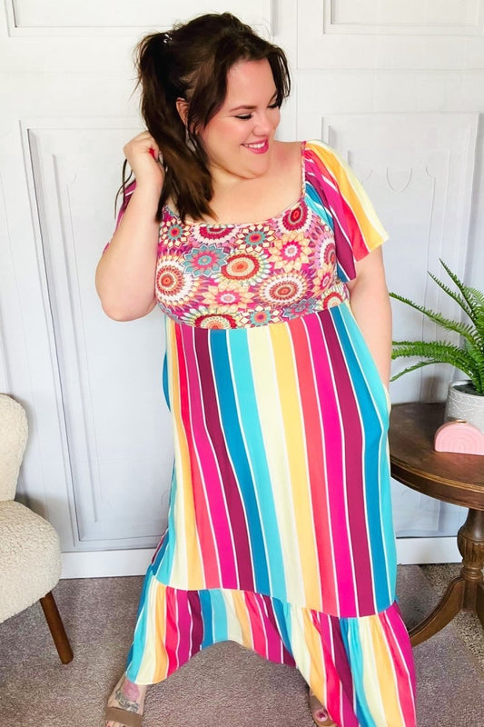 Feeling Bold Fuchsia & Teal Striped Medallion Crochet Print Dress - Coeur de la Mode