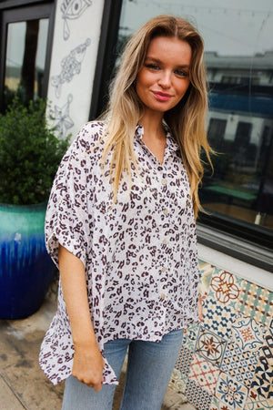 Feeling Bold Ivory Animal Print Dolman Collar Button Down Top - Coeur de la Mode