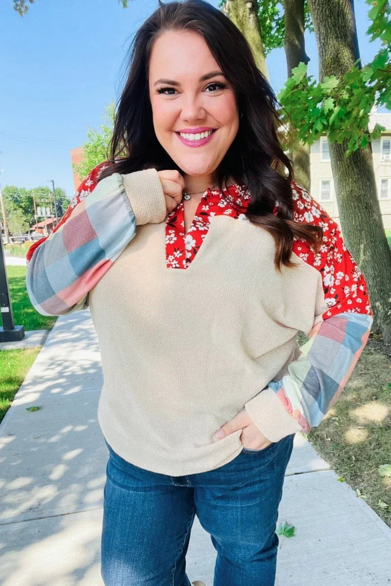 Feeling Femme Oatmeal Plaid Floral Color Block Notch Neck Top - Coeur de la Mode