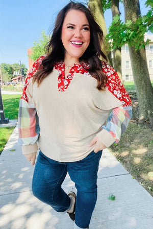 Feeling Femme Oatmeal Plaid Floral Color Block Notch Neck Top - Coeur de la Mode