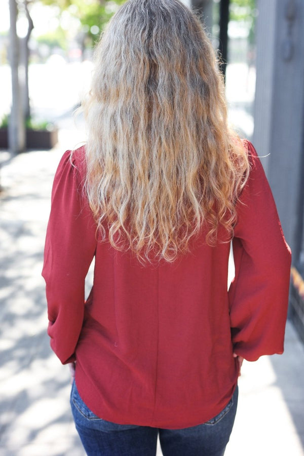 Feeling Femme Off Burgundy Frilled Edge V Neck Tie Top - Coeur de la Mode