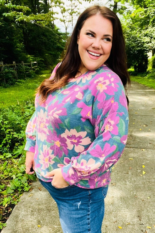 Feeling Femme Teal Floral Brushed Hacci Sweater Top - Coeur de la Mode