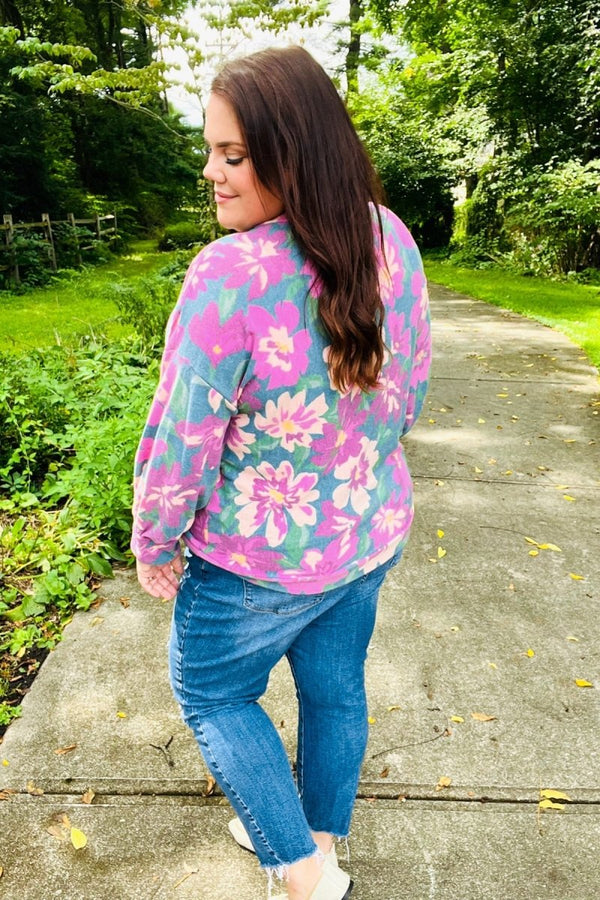 Feeling Femme Teal Floral Brushed Hacci Sweater Top - Coeur de la Mode