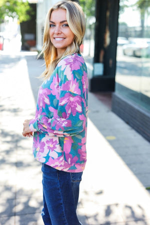 Feeling Femme Teal Floral Brushed Hacci Sweater Top - Coeur de la Mode