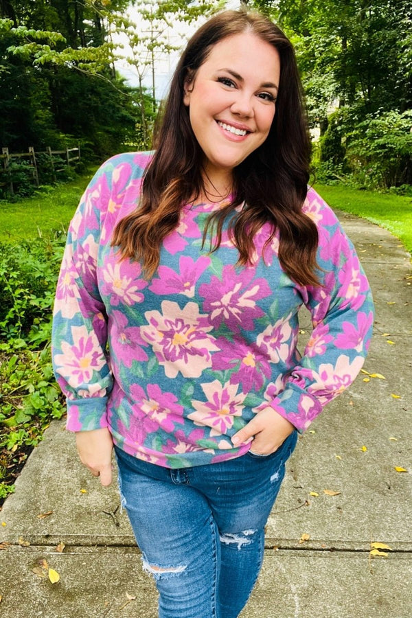 Feeling Femme Teal Floral Brushed Hacci Sweater Top - Coeur de la Mode
