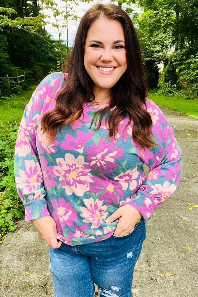 Feeling Femme Teal Floral Brushed Hacci Sweater Top - Coeur de la Mode