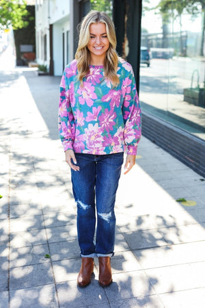 Feeling Femme Teal Floral Brushed Hacci Sweater Top - Coeur de la Mode