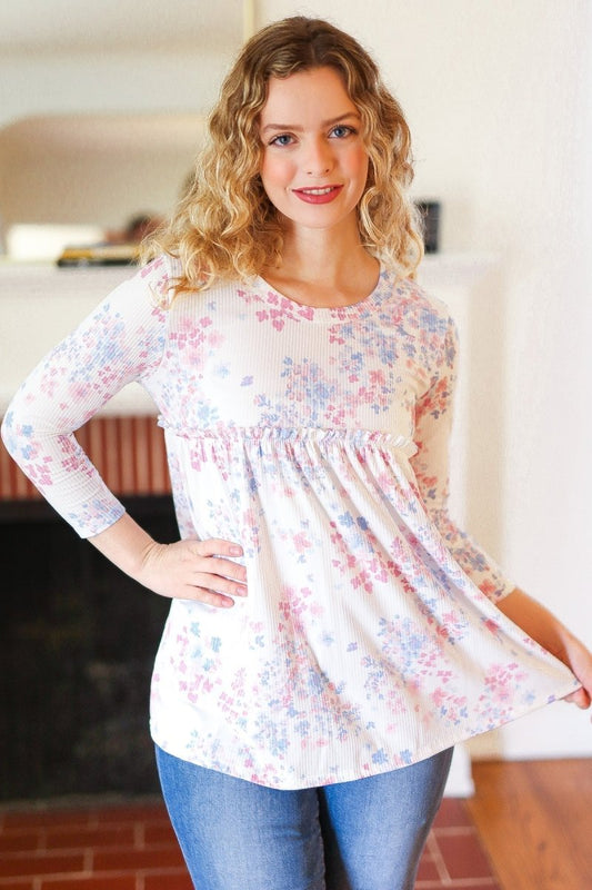 Feeling Fun Blue & Pink Floral Ribbed Babydoll Ruffle Top - Coeur de la Mode