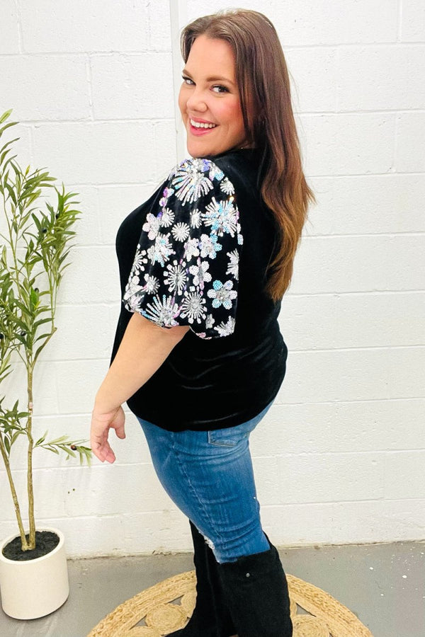 Feeling Glamorous Black Floral Sequin Puff Sleeve Velvet Top - Coeur de la Mode