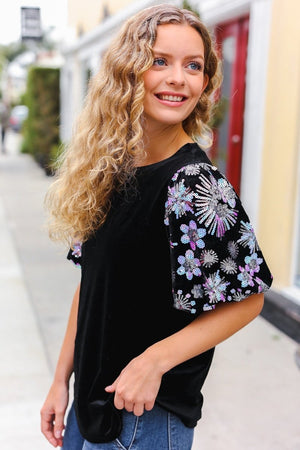 Feeling Glamorous Black Floral Sequin Puff Sleeve Velvet Top - Coeur de la Mode