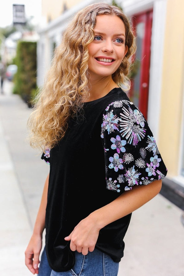 Feeling Glamorous Black Floral Sequin Puff Sleeve Velvet Top - Coeur de la Mode