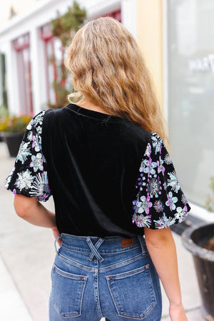 Feeling Glamorous Black Floral Sequin Puff Sleeve Velvet Top - Coeur de la Mode