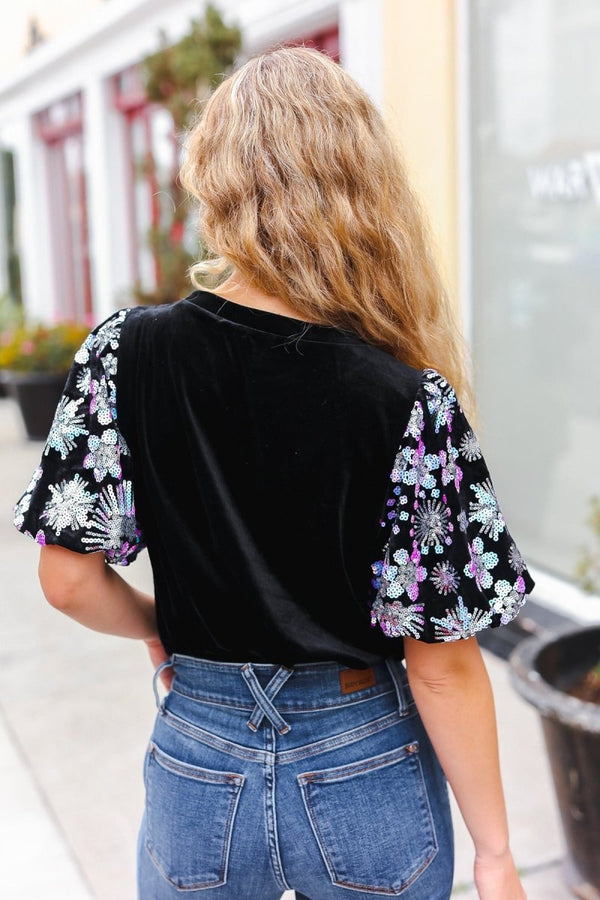 Feeling Glamorous Black Floral Sequin Puff Sleeve Velvet Top - Coeur de la Mode