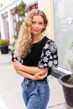 Feeling Glamorous Black Floral Sequin Puff Sleeve Velvet Top - Coeur de la Mode