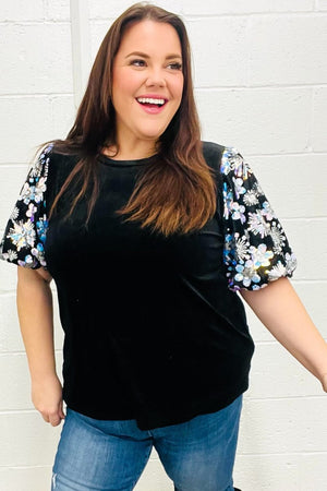 Feeling Glamorous Black Floral Sequin Puff Sleeve Velvet Top - Coeur de la Mode