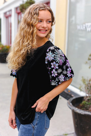 Feeling Glamorous Black Floral Sequin Puff Sleeve Velvet Top - Coeur de la Mode