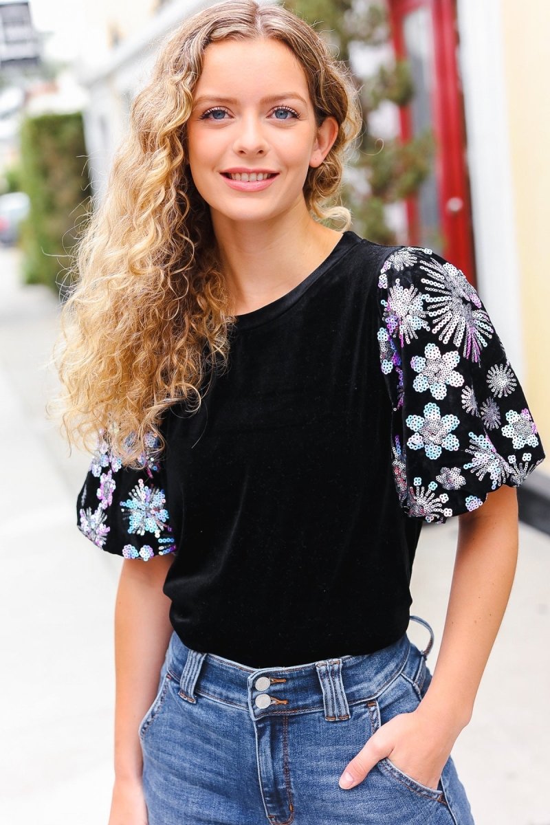 Feeling Glamorous Black Floral Sequin Puff Sleeve Velvet Top - Coeur de la Mode