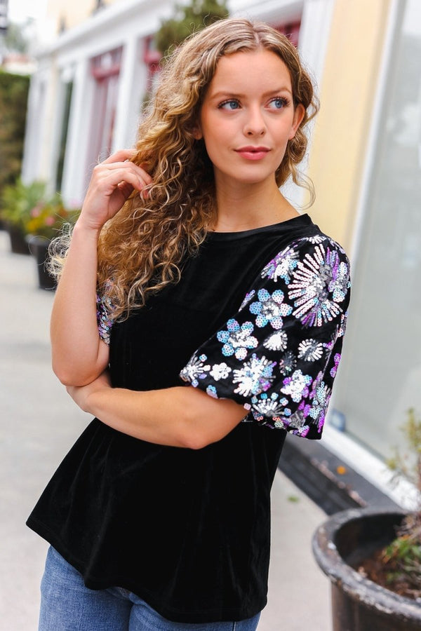 Feeling Glamorous Black Floral Sequin Puff Sleeve Velvet Top - Coeur de la Mode