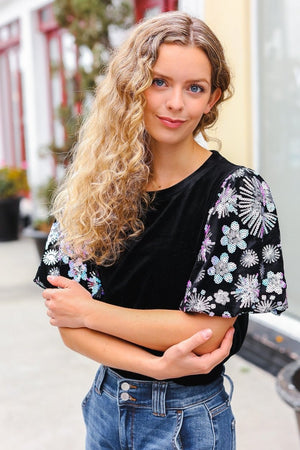 Feeling Glamorous Black Floral Sequin Puff Sleeve Velvet Top - Coeur de la Mode