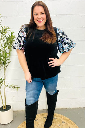 Feeling Glamorous Black Floral Sequin Puff Sleeve Velvet Top - Coeur de la Mode