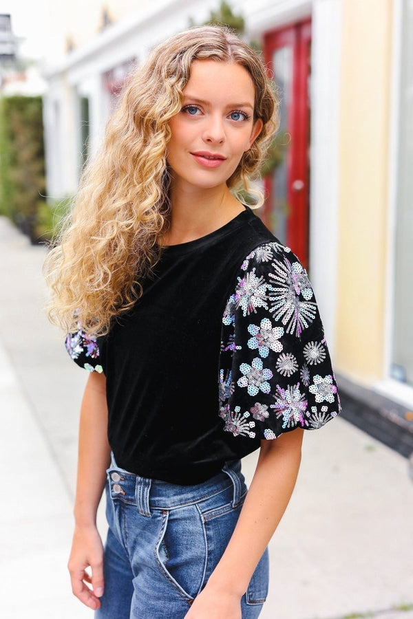 Feeling Glamorous Black Floral Sequin Puff Sleeve Velvet Top - Coeur de la Mode