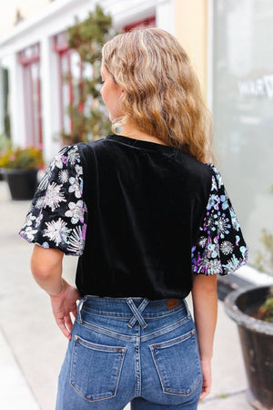 Feeling Glamorous Black Floral Sequin Puff Sleeve Velvet Top - Coeur de la Mode
