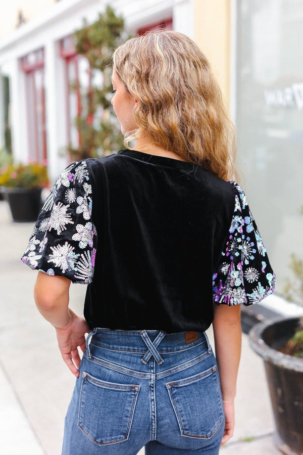 Feeling Glamorous Black Floral Sequin Puff Sleeve Velvet Top - Coeur de la Mode