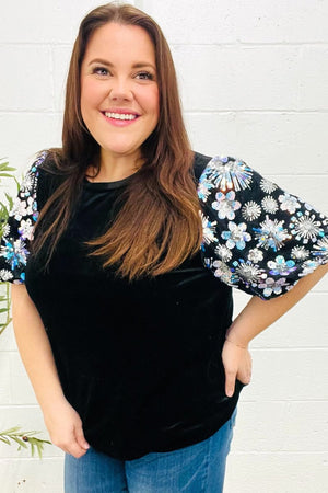 Feeling Glamorous Black Floral Sequin Puff Sleeve Velvet Top - Coeur de la Mode