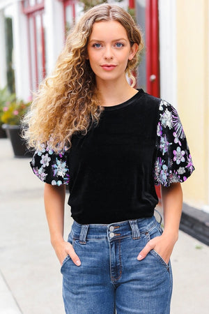 Feeling Glamorous Black Floral Sequin Puff Sleeve Velvet Top - Coeur de la Mode