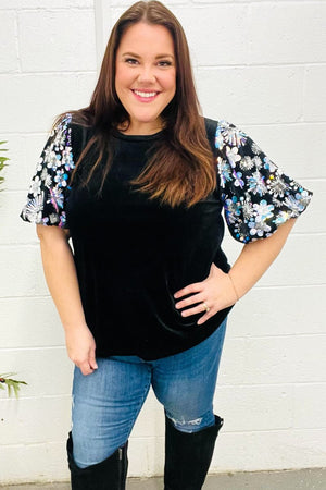 Feeling Glamorous Black Floral Sequin Puff Sleeve Velvet Top - Coeur de la Mode
