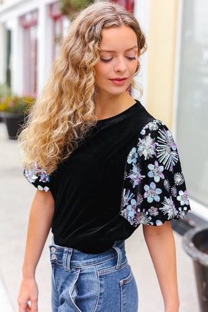 Feeling Glamorous Black Floral Sequin Puff Sleeve Velvet Top - Coeur de la Mode
