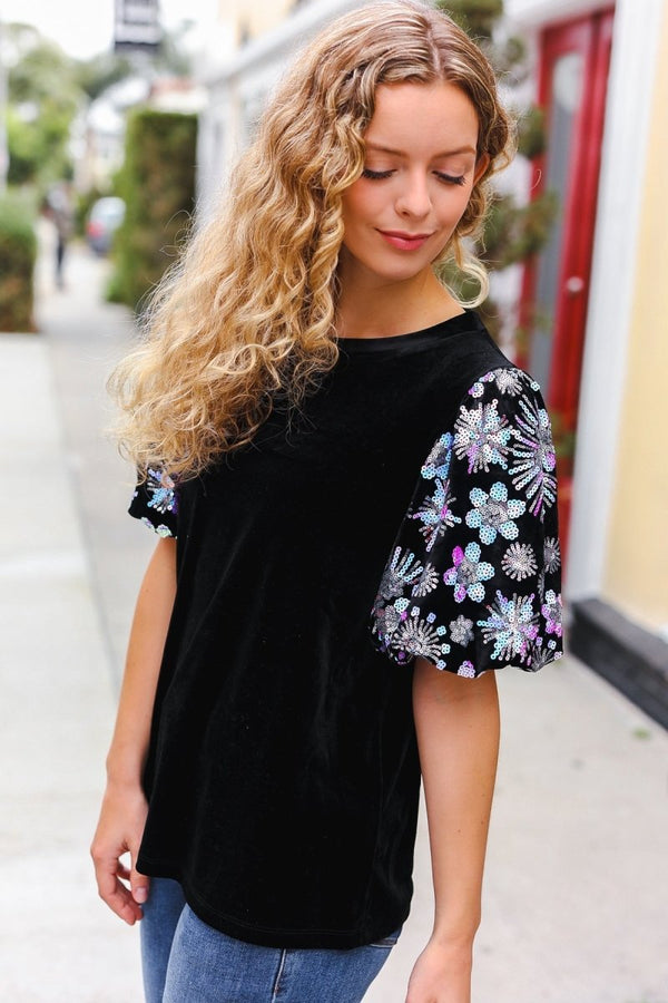 Feeling Glamorous Black Floral Sequin Puff Sleeve Velvet Top - Coeur de la Mode