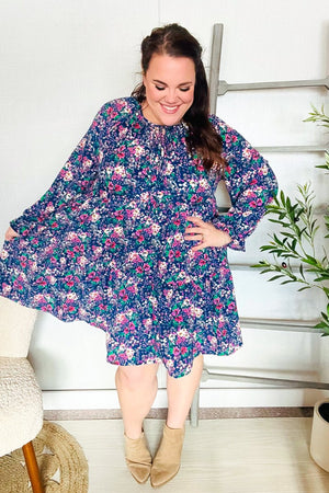 Feeling Joyful Navy Floral Bow Tie Babydoll Long Ruffle Sleeve Dress - Coeur de la Mode