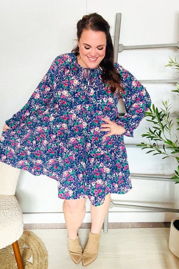 Feeling Joyful Navy Floral Bow Tie Babydoll Long Ruffle Sleeve Dress - Coeur de la Mode