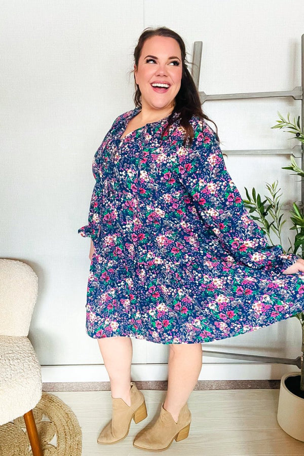 Feeling Joyful Navy Floral Bow Tie Babydoll Long Ruffle Sleeve Dress - Coeur de la Mode