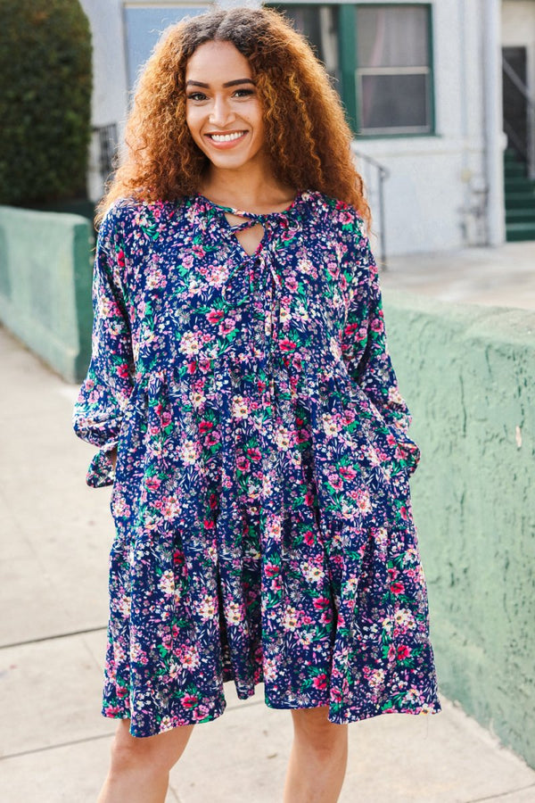 Feeling Joyful Navy Floral Bow Tie Babydoll Long Ruffle Sleeve Dress - Coeur de la Mode