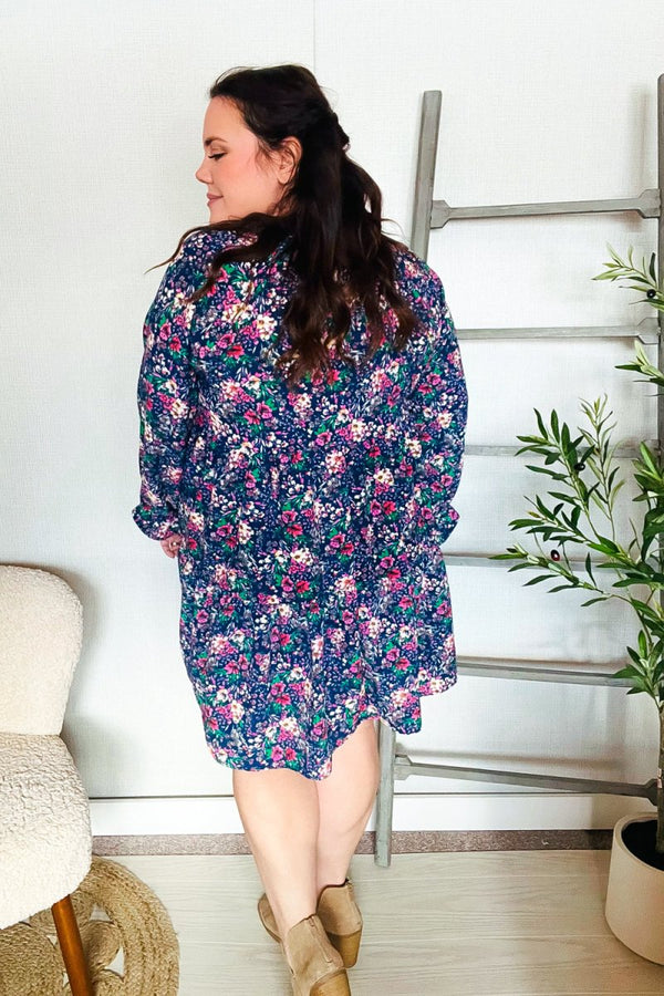 Feeling Joyful Navy Floral Bow Tie Babydoll Long Ruffle Sleeve Dress - Coeur de la Mode