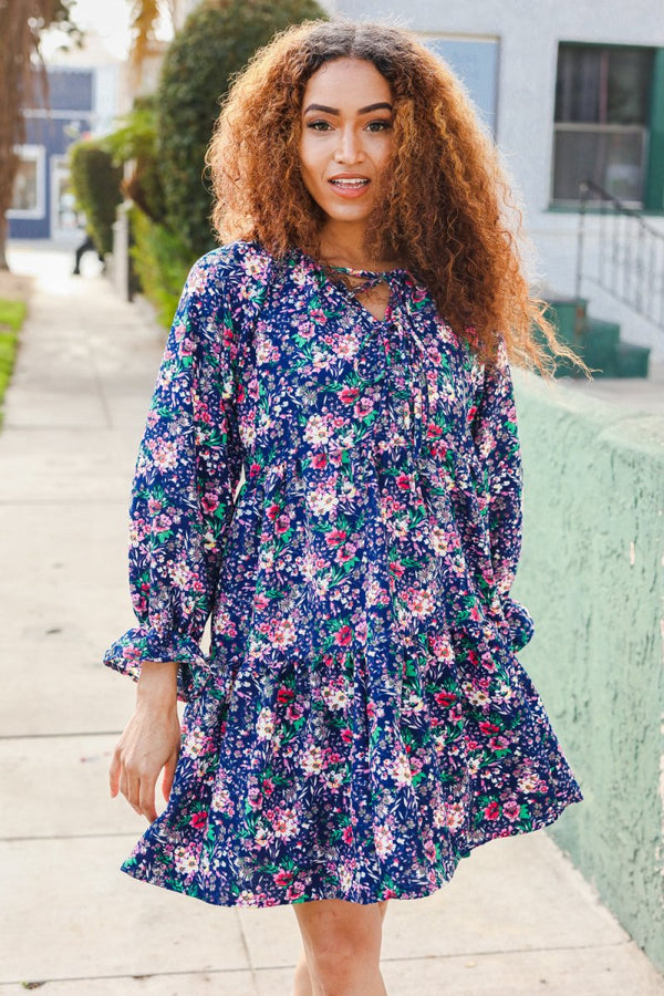 Feeling Joyful Navy Floral Bow Tie Babydoll Long Ruffle Sleeve Dress - Coeur de la Mode