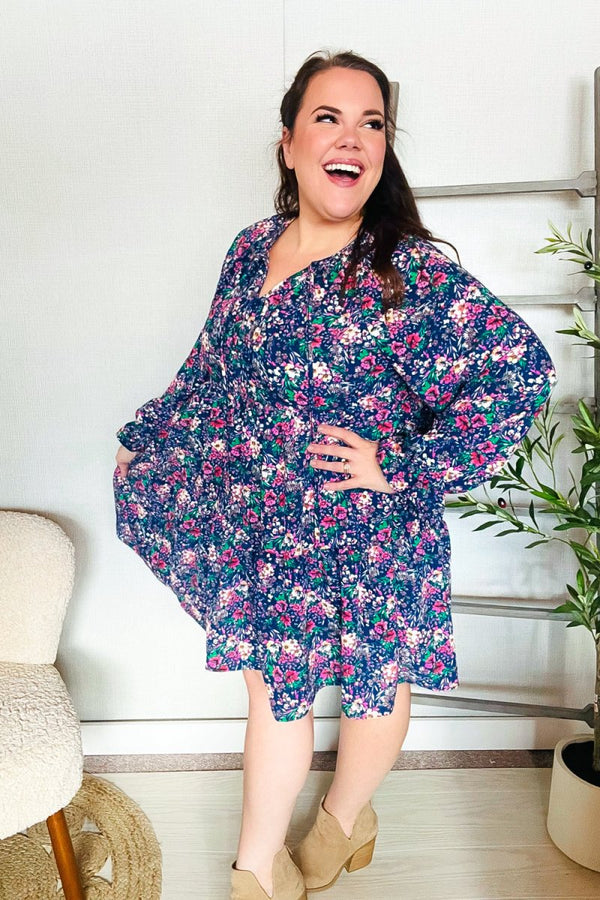 Feeling Joyful Navy Floral Bow Tie Babydoll Long Ruffle Sleeve Dress - Coeur de la Mode