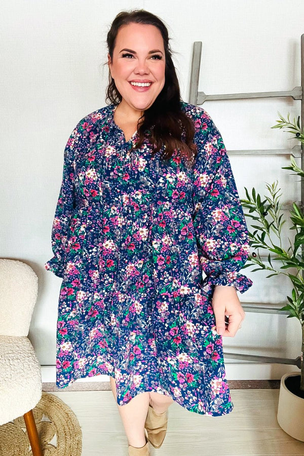 Feeling Joyful Navy Floral Bow Tie Babydoll Long Ruffle Sleeve Dress - Coeur de la Mode