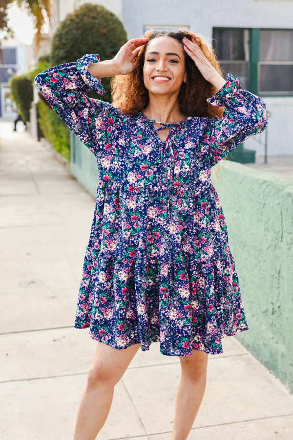 Feeling Joyful Navy Floral Bow Tie Babydoll Long Ruffle Sleeve Dress - Coeur de la Mode